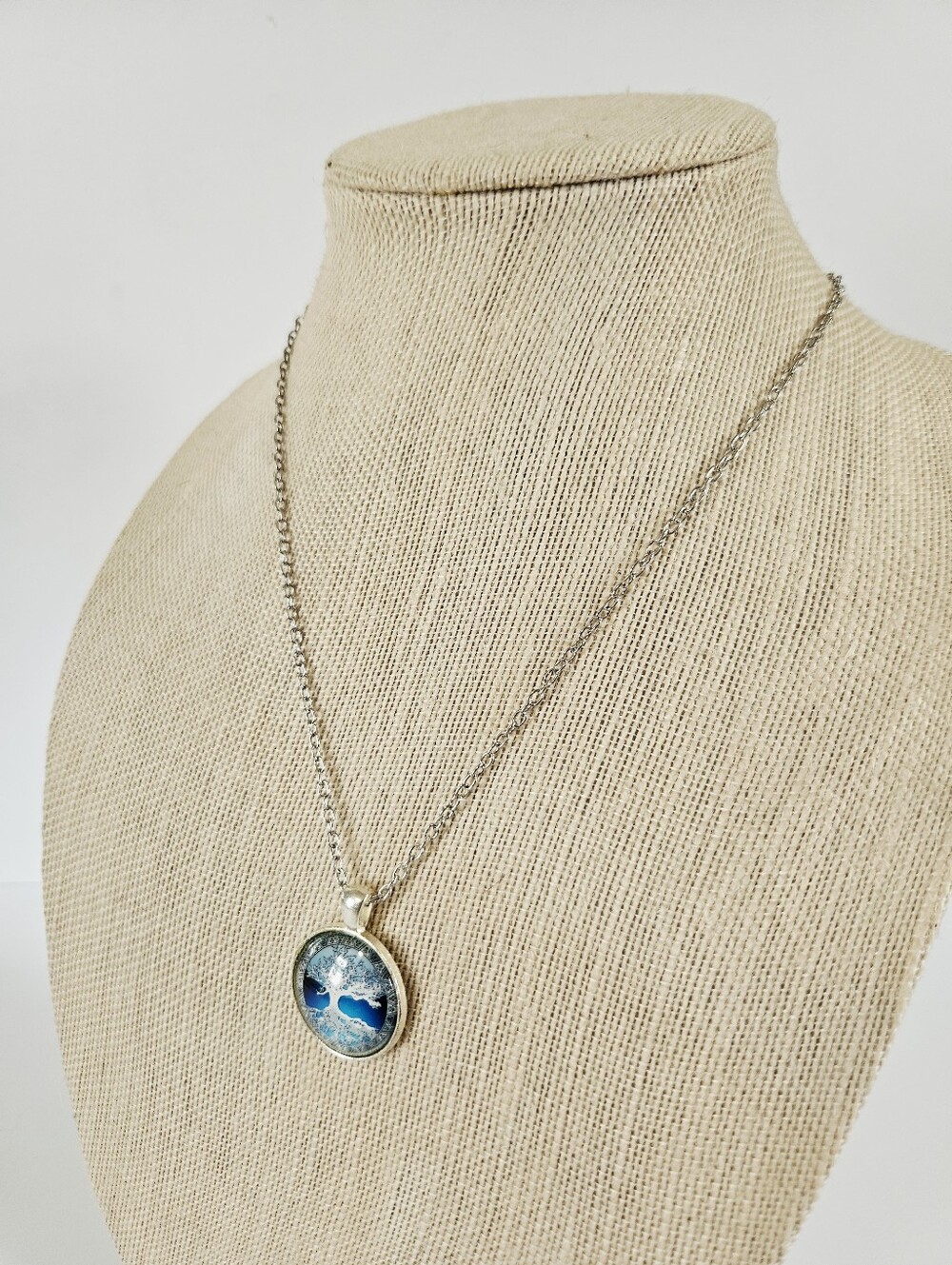 Tree Of Life Celtic Blue Domed Glass Round Cabochon Silver Tone Pendant Necklace - Picture 5 of 11